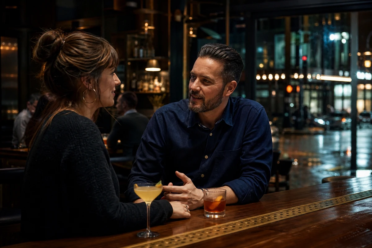 Two adults talking over cocktails in a warm Portland bar on a rainy night