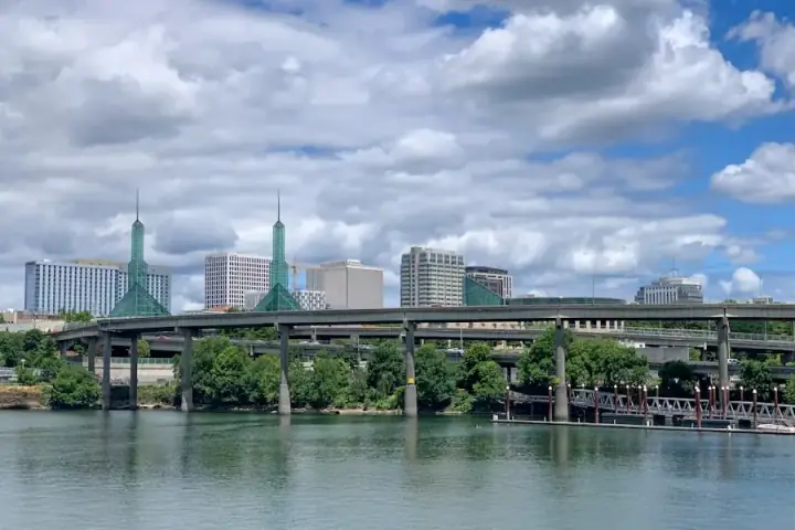 Downtown Portland skyline and waterfront at dusk