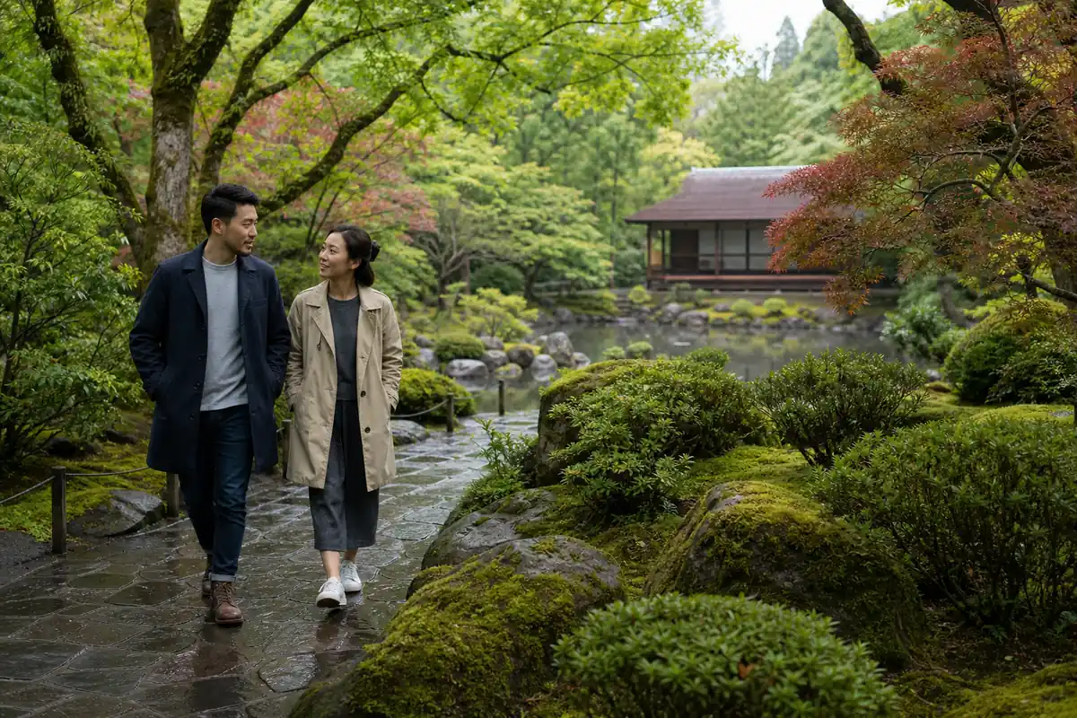 Adult couple walking through a mossy Portland garden after light rain