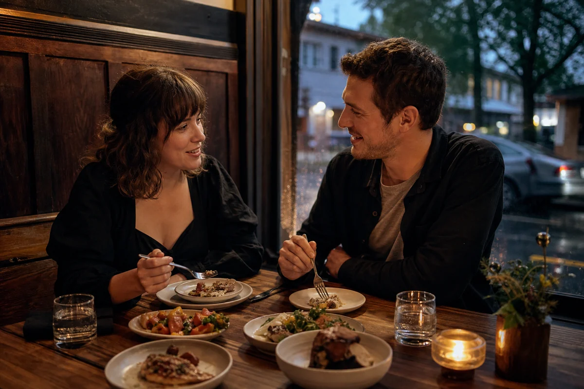Adult couple sharing seasonal dishes in an intimate Portland restaurant