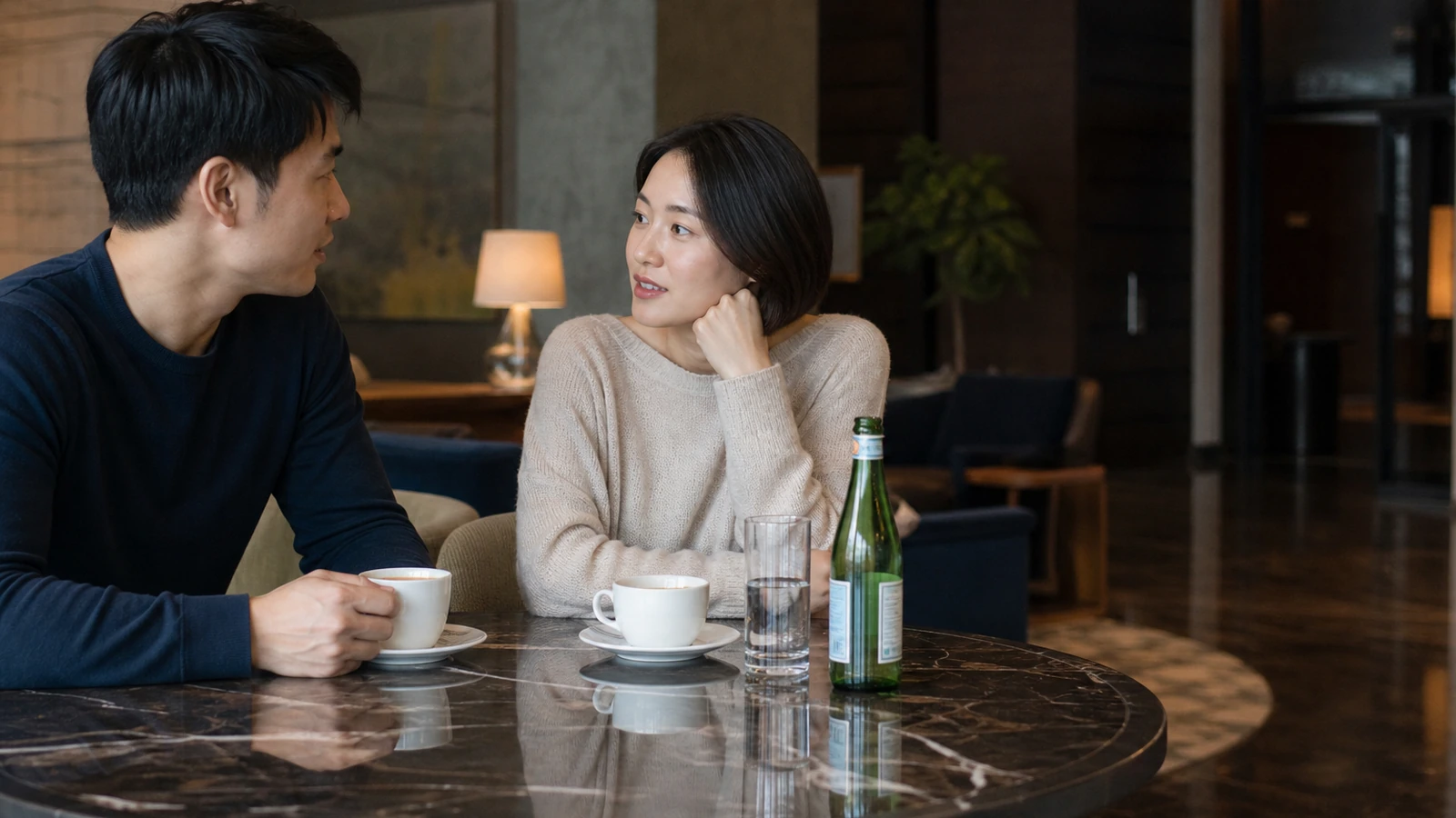 Two adults discussing relationship expectations in a quiet Portland lounge