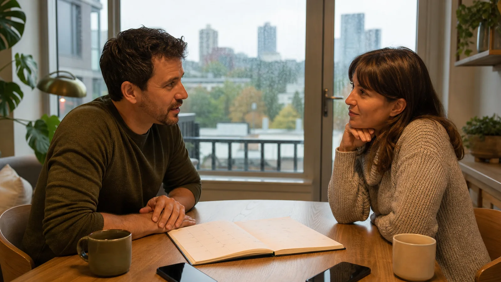 Adult couple planning time together with a paper calendar